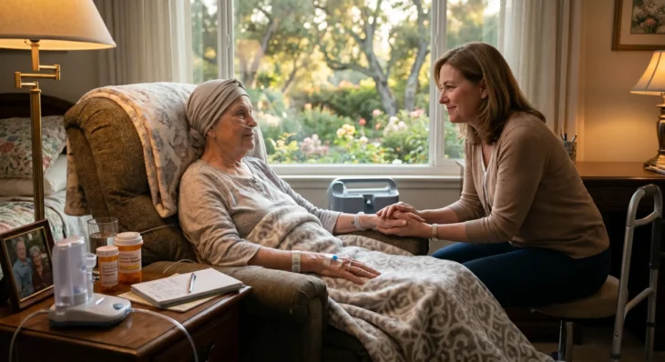 oncology-and-heart-failure-palliative-care-westlake-village A senior woman with a nasal cannula sits in a green armchair holding hands with a younger caregiver, in a softly lit living room with prescription bottles and a notepad on a side table; large window in the background overlooks a green garden.