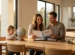 Cinematic medium shot of a family in a sunlit California home during golden hour. A mother holds a tablet displaying a "Family Travel Health Plan" infographic with icons for vaccinations and medical records. Next to her, the father checks a paper list labeled with health-related to-do items. On the table sits a clear medical pouch with labeled pill bottles and hand sanitizer, alongside a "Pre-Travel Health Organizer" booklet. A child plays with a globe marked with various travel location pins, creating a warm, organized, and proactive medical preparation atmosphere.