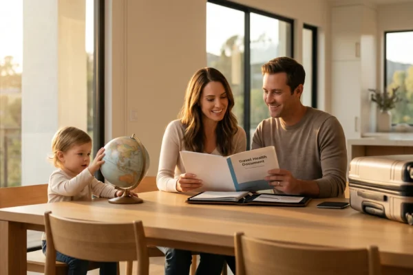 Cinematic medium shot of a family in a sunlit California home during golden hour. A mother holds a tablet displaying a "Family Travel Health Plan" infographic with icons for vaccinations and medical records. Next to her, the father checks a paper list labeled with health-related to-do items. On the table sits a clear medical pouch with labeled pill bottles and hand sanitizer, alongside a "Pre-Travel Health Organizer" booklet. A child plays with a globe marked with various travel location pins, creating a warm, organized, and proactive medical preparation atmosphere.