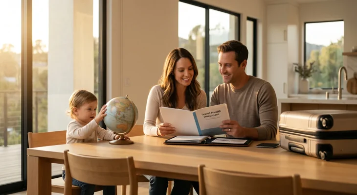 Cinematic medium shot of a family in a sunlit California home during golden hour. A mother holds a tablet displaying a "Family Travel Health Plan" infographic with icons for vaccinations and medical records. Next to her, the father checks a paper list labeled with health-related to-do items. On the table sits a clear medical pouch with labeled pill bottles and hand sanitizer, alongside a "Pre-Travel Health Organizer" booklet. A child plays with a globe marked with various travel location pins, creating a warm, organized, and proactive medical preparation atmosphere.