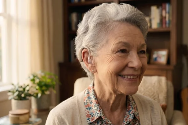 A cinematic, medium shot bathed in warm, natural golden hour lighting streaming from a window on the left, highlighting the cozy, textured fabrics of a living room. In sharp focus on the right, an elegant senior woman with a joyful smile wears a modern, discreet behind-the-ear device with a thin transparent tube. In the soft, out-of-focus foreground on the left, a casually dressed professional sits facing her, creating a natural leading line that draws the viewer's eye directly to the senior's expression. The background features a warmly lit, softly blurred wooden bookshelf, adding depth to the compassionate and sophisticated composition.
