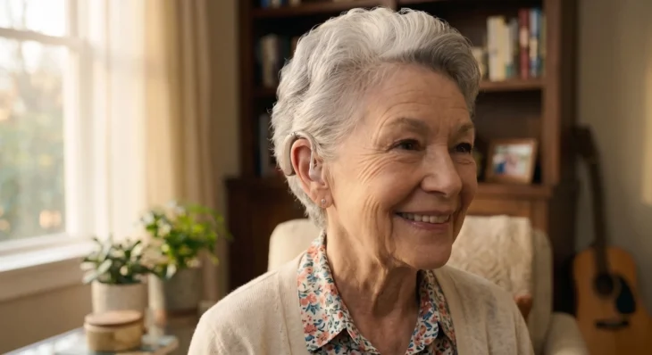 A cinematic, medium shot bathed in warm, natural golden hour lighting streaming from a window on the left, highlighting the cozy, textured fabrics of a living room. In sharp focus on the right, an elegant senior woman with a joyful smile wears a modern, discreet behind-the-ear device with a thin transparent tube. In the soft, out-of-focus foreground on the left, a casually dressed professional sits facing her, creating a natural leading line that draws the viewer's eye directly to the senior's expression. The background features a warmly lit, softly blurred wooden bookshelf, adding depth to the compassionate and sophisticated composition.