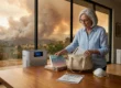 Cinematic, medium-shot composition featuring a senior woman standing at a polished oak table in the right foreground. A modern white air purifier and a white N95 respirator mask rest on the surface alongside a printed document displaying the text "WILDFIRE PREP GUIDE". The background is dominated by a large panoramic window showcasing an active, glowing wildfire on a distant hillside. Dramatic, hazy amber sunlight filters through the dense outdoor smoke, casting a warm, diffused glow across the room interior and creating soft rim lighting on the woman's silver hair.