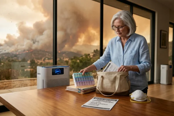 Cinematic, medium-shot composition featuring a senior woman standing at a polished oak table in the right foreground. A modern white air purifier and a white N95 respirator mask rest on the surface alongside a printed document displaying the text "WILDFIRE PREP GUIDE". The background is dominated by a large panoramic window showcasing an active, glowing wildfire on a distant hillside. Dramatic, hazy amber sunlight filters through the dense outdoor smoke, casting a warm, diffused glow across the room interior and creating soft rim lighting on the woman's silver hair.
