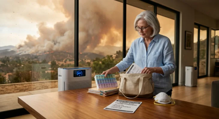 Cinematic, medium-shot composition featuring a senior woman standing at a polished oak table in the right foreground. A modern white air purifier and a white N95 respirator mask rest on the surface alongside a printed document displaying the text "WILDFIRE PREP GUIDE". The background is dominated by a large panoramic window showcasing an active, glowing wildfire on a distant hillside. Dramatic, hazy amber sunlight filters through the dense outdoor smoke, casting a warm, diffused glow across the room interior and creating soft rim lighting on the woman's silver hair.
