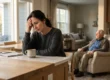 A natural light candid photograph with warm daylight from large windows on the left. On the left, a middle-aged woman with dark, tied-back hair sits at a wooden counter, her right hand resting heavily on her forehead, gaze downcast and expression weary. She is wearing a dark grey knit sweater. On the counter in front of her are a notebook with a black spine and faint, unreadable handwritten text, a black smartphone, and a small speckled ceramic mug. In the background on the right, further back and softly blurred, an older man with white hair, wearing a plaid shirt and a brown cardigan over it, is seated in a beige upholstered armchair. He is looking slightly to his left. The background is an open-plan kitchen and living area with light wood cabinetry and neutral-toned furniture, bathed in soft afternoon light.