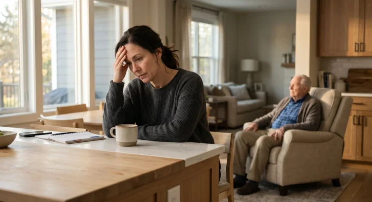 A natural light candid photograph with warm daylight from large windows on the left. On the left, a middle-aged woman with dark, tied-back hair sits at a wooden counter, her right hand resting heavily on her forehead, gaze downcast and expression weary. She is wearing a dark grey knit sweater. On the counter in front of her are a notebook with a black spine and faint, unreadable handwritten text, a black smartphone, and a small speckled ceramic mug. In the background on the right, further back and softly blurred, an older man with white hair, wearing a plaid shirt and a brown cardigan over it, is seated in a beige upholstered armchair. He is looking slightly to his left. The background is an open-plan kitchen and living area with light wood cabinetry and neutral-toned furniture, bathed in soft afternoon light.
