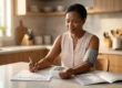 A poised, middle-aged woman sits at a modern, light wood kitchen counter bathed in soft, natural morning daylight coming from a side window, creating a warm, gold-dappled glow. The composition is a medium shot focusing sharply on her and the items on the counter. A sleek digital blood pressure monitor with a gray upper-arm cuff is on the counter, showing a readable screen displaying '128/84'. She holds a pen over an open "Home BP Record" logbook with a clean chart. Next to her sits an informative pamphlet clearly reading "RED FLAGS: Know When to Call a Doctor," listing symptoms like "Severe Headache" and "Dizziness." The background is a gently blurred, high-end kitchen with soft bokeh.