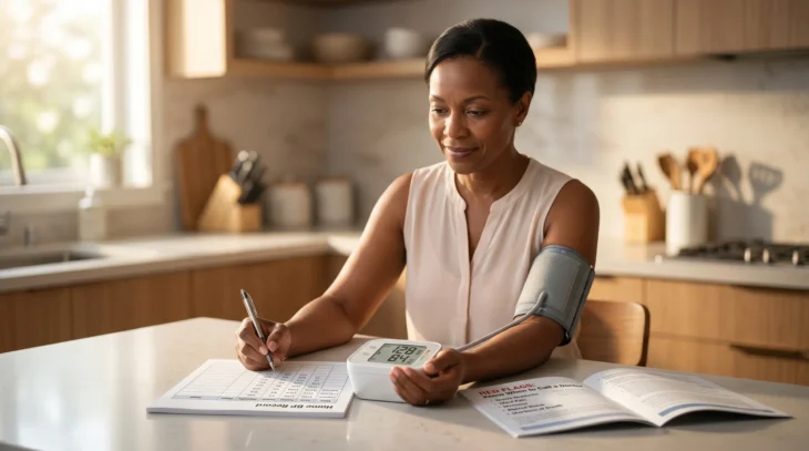 woman-correct-home-blood-pressure-monitoring-reading-logbook-red-flags. A poised, middle-aged woman sits at a modern, light wood kitchen counter bathed in soft, natural morning daylight coming from a side window, creating a warm, gold-dappled glow. The composition is a medium shot focusing sharply on her and the items on the counter. A sleek digital blood pressure monitor with a gray upper-arm cuff is on the counter, showing a readable screen displaying '128/84'. She holds a pen over an open "Home BP Record" logbook with a clean chart. Next to her sits an informative pamphlet clearly reading "RED FLAGS: Know When to Call a Doctor," listing symptoms like "Severe Headache" and "Dizziness." The background is a gently blurred, high-end kitchen with soft bokeh.