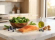 A photorealistic, hyper-crisp composition bathed in warm, natural golden hour sunlight streaming from the right. The cinematic light creates soft, elegant shadows and brightly highlights the rich, moist textures of the fresh ingredients resting on a clean white marble surface. The background features a softly blurred, upscale minimalist kitchen, emphasizing a shallow depth of field and a premium editorial style.