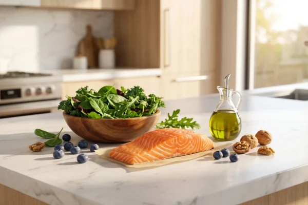 A photorealistic, hyper-crisp composition bathed in warm, natural golden hour sunlight streaming from the right. The cinematic light creates soft, elegant shadows and brightly highlights the rich, moist textures of the fresh ingredients resting on a clean white marble surface. The background features a softly blurred, upscale minimalist kitchen, emphasizing a shallow depth of field and a premium editorial style.