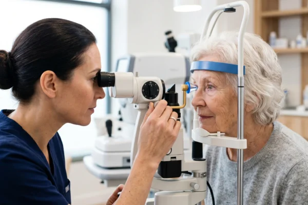 A profile photograph of an eye examination, with an optometrist and an elderly patient on opposite sides of a complex white and metal slit-lamp instrument. The intricate optical device is the central, sharply focused element, standing between the two women. The scene is evenly lit by cool, clean clinical overhead lighting from the left and top, highlighting textures and form. The optometrist on the left, with dark hair tied back, peers into an eyepiece. The patient on the right, with grey hair and a blue headband, gazes into the corresponding viewer, her head supported. Their faces frame the machine. The clinic background is a soft blur of shelves and bottles.