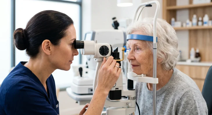 A profile photograph of an eye examination, with an optometrist and an elderly patient on opposite sides of a complex white and metal slit-lamp instrument. The intricate optical device is the central, sharply focused element, standing between the two women. The scene is evenly lit by cool, clean clinical overhead lighting from the left and top, highlighting textures and form. The optometrist on the left, with dark hair tied back, peers into an eyepiece. The patient on the right, with grey hair and a blue headband, gazes into the corresponding viewer, her head supported. Their faces frame the machine. The clinic background is a soft blur of shelves and bottles.