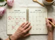 Mature woman's hands above an open calendar showing menstrual cycle dates marked in June and a blank July with no marks, symbolizing irregular and skipped periods during the menopause transition
