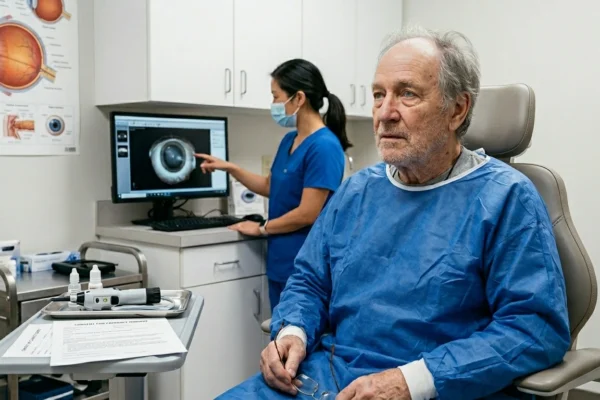 A candid, brightly lit photograph taken from a slightly low angle in a clinical pre-operative eye surgery room. On the right, an elderly Caucasian man with grey, thinning hair and a beard, dressed in a blue surgical gown, is seated in a tan medical chair, looking off-camera to the left. In the middle ground on the left, a female medical assistant with her dark hair pulled back and wearing a blue mask and scrubs is standing, pointing at a circular tomographic eye scan image on a computer monitor. Further to the far left, a rollable metal medical cart holds various items, including handheld instruments, bottles of eye drops, and a paper document. A detailed anatomical diagram of the human eye hangs on the wall behind the cart. The overall lighting is cold fluorescent, and the composition is balanced.