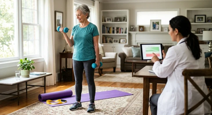 A photograph of a grey-haired woman in teal sportswear, actively holding blue dumbbells, smiling towards a seated consultant in a white medical coat in a bright, sun-drenched living room setting. The consultant, seen from behind at a table, is pointing at a graph on a tablet screen, which shows green, yellow, and red zones. The woman is standing on a purple yoga mat, with a yellow resistance band and large windows in the detailed background. The natural light emphasizes the comfortable, home environment.