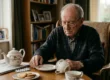 Cinematic medium shot with a shallow depth of field, focusing on an elderly man sitting at a wooden table. Soft, diffused natural daylight streams from a window on the left, casting gentle shadows and creating a melancholic, warm atmosphere. In the sharp foreground, a floral porcelain teacup lies tipped on its side next to a saucer with spilled liquid, near the man's resting hands. The background features beautifully blurred bookshelves in muted earth tones. On the table, a newspaper with blurred, unreadable text rests beside a blister pack of white pills and a classic teapot.