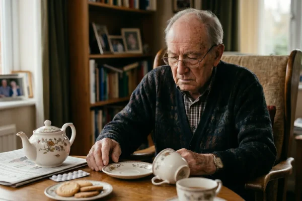 Cinematic medium shot with a shallow depth of field, focusing on an elderly man sitting at a wooden table. Soft, diffused natural daylight streams from a window on the left, casting gentle shadows and creating a melancholic, warm atmosphere. In the sharp foreground, a floral porcelain teacup lies tipped on its side next to a saucer with spilled liquid, near the man's resting hands. The background features beautifully blurred bookshelves in muted earth tones. On the table, a newspaper with blurred, unreadable text rests beside a blister pack of white pills and a classic teapot.