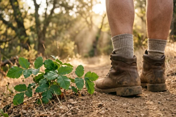 A ground-level, close-up composition bathed in warm, cinematic golden hour lighting with soft volumetric rays. In sharp foreground focus, a bright green poison oak plant with distinct scalloped three-leaf clusters sits on a dusty dirt trail, positioned immediately next to worn brown leather hiking boots and thick ribbed socks. The background features a softly blurred forest landscape created by a shallow depth of field.