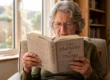 A medium close-up composition with a shallow depth of field, keeping sharp focus on an elderly woman and the open book she holds in both hands. Soft, diffused natural daylight streams from a window on the left side of the frame, casting gentle highlights on her textured gray hair, her glasses, and the book's pages, while the right side of the room fades into warm, cozy shadows. The background is softly blurred into a pleasant bokeh, revealing hints of a wooden bookshelf and a green potted plant. The text on the right page of the book is clearly legible, reading "The Memory of Things" in a classic, bold serif font, contrasting with the structured but illegible paragraphs on the left page.
