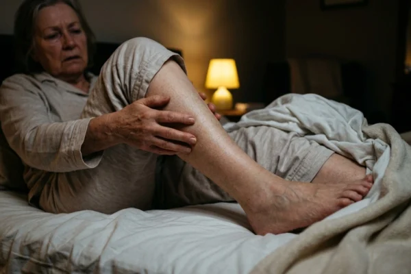 A dimly lit, close-up photograph capturing a person's legs in bed during the night, emphasizing tension and movement. The composition is tight and focused on the lower body under textured blankets, creating an intimate yet uncomfortable atmosphere. The lighting is low-key, dominated by cool blue tones and deep shadows, with a soft, warm highlight from a bedside lamp tracing the edge of the sheets. There is no visible text in the scene.