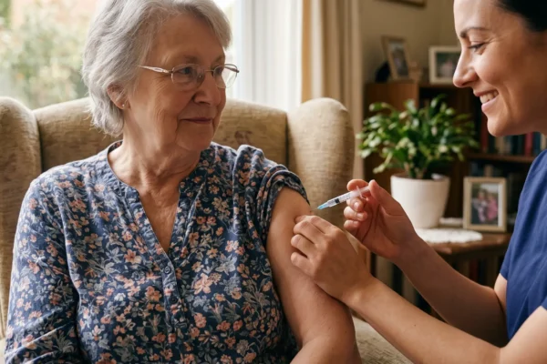 A medium close-up photograph capturing a calm interior scene bathed in warm natural light. Diffused sunlight from a large window on the left illuminates a senior woman with grey hair and glasses, seated in a textured, beige armchair. She is wearing a blue floral patterned blouse and is looking calmly towards a care worker to her right. The care worker, wearing a blue scrub top and with a gentle smile, is in profile. Her hands are in sharp focus, precisely administering a clear syringe with a needle into the older woman's upper left arm. The background is a softly blurred, detailed living room with books on shelves and framed photographs. The composition is intimate, focusing on the careful act of injection. No text is visible on the subjects or main objects.