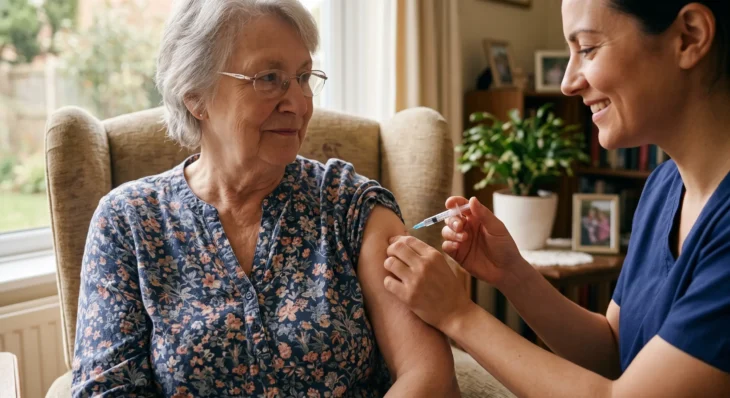 A medium close-up photograph capturing a calm interior scene bathed in warm natural light. Diffused sunlight from a large window on the left illuminates a senior woman with grey hair and glasses, seated in a textured, beige armchair. She is wearing a blue floral patterned blouse and is looking calmly towards a care worker to her right. The care worker, wearing a blue scrub top and with a gentle smile, is in profile. Her hands are in sharp focus, precisely administering a clear syringe with a needle into the older woman's upper left arm. The background is a softly blurred, detailed living room with books on shelves and framed photographs. The composition is intimate, focusing on the careful act of injection. No text is visible on the subjects or main objects.