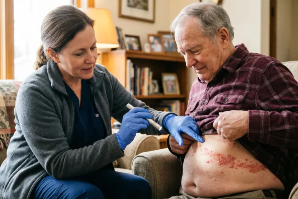 A warmly lit, medium-shot photograph composed with two main figures in a cozy indoor home setting. Soft, natural daylight streams in from the left side, gently highlighting the side profile of a female healthcare worker on the left and the face and torso of an older man seated on a textured sofa to the right. The composition focuses intimately on the interaction: the healthcare worker, wearing bright blue nitrile gloves, leans in with a metallic penlight, casting a distinct bright beam onto the man's exposed lower abdomen. The skin reveals a striking, textured band of vivid red blisters. The background features a soft depth of field, blurring warm wooden furniture, books, and a glowing table lamp, which creates an intimate and caring atmosphere. There is no visible text in the image.