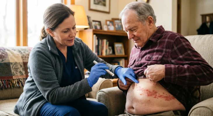 A warmly lit, medium-shot photograph composed with two main figures in a cozy indoor home setting. Soft, natural daylight streams in from the left side, gently highlighting the side profile of a female healthcare worker on the left and the face and torso of an older man seated on a textured sofa to the right. The composition focuses intimately on the interaction: the healthcare worker, wearing bright blue nitrile gloves, leans in with a metallic penlight, casting a distinct bright beam onto the man's exposed lower abdomen. The skin reveals a striking, textured band of vivid red blisters. The background features a soft depth of field, blurring warm wooden furniture, books, and a glowing table lamp, which creates an intimate and caring atmosphere. There is no visible text in the image.