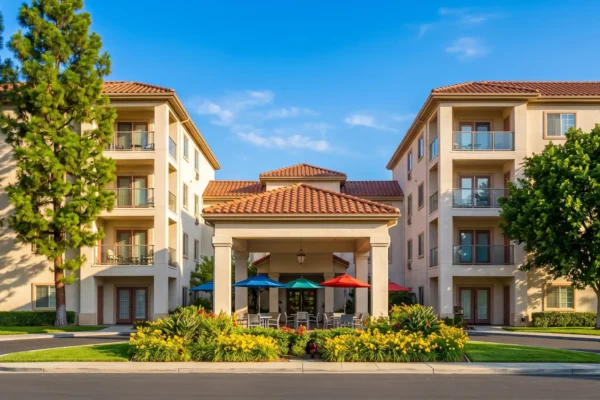 A high-resolution, perfectly symmetrical frontal photograph taken under a clear, bright blue sky with wispy clouds. The composition is balanced, with a clean asphalt driveway curving in the foreground towards a manicured garden of yellow flowers. Behind the garden, a colonnaded porte-cochère with a terracotta tiled roof forms a central focus, sheltering a patio with tables, chairs, and vibrant market umbrellas in red, blue, and teal. The building facade is light tan stucco with terracotta roof tiles, featuring multiple balconies with glass and dark metal railings. Mature trees, a columnar pine on the left and a broad-leaf tree on the right, perfectly frame the structure. No visible signage is present on the facade.