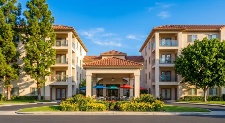 A high-resolution, perfectly symmetrical frontal photograph taken under a clear, bright blue sky with wispy clouds. The composition is balanced, with a clean asphalt driveway curving in the foreground towards a manicured garden of yellow flowers. Behind the garden, a colonnaded porte-cochère with a terracotta tiled roof forms a central focus, sheltering a patio with tables, chairs, and vibrant market umbrellas in red, blue, and teal. The building facade is light tan stucco with terracotta roof tiles, featuring multiple balconies with glass and dark metal railings. Mature trees, a columnar pine on the left and a broad-leaf tree on the right, perfectly frame the structure. No visible signage is present on the facade.