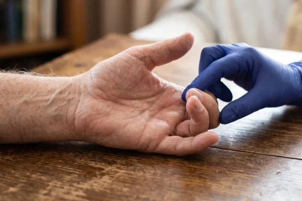 A close-up, horizontal composition with a shallow depth of field, illuminated by soft, diffused natural daylight. Entering from the left, an older, heavily textured hand rests palm-up on a weathered wooden table, with its ring and pinky fingers distinctly bent inward. Entering from the upper right, a hand wearing a bright blue nitrile glove sharply contrasts with the warm tones of the skin and wood, its fingers delicately touching the bent digits. The background is a soft, out-of-focus blur of warm, muted interior elements.