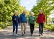 A wide, eye-level photograph of four older adults in motion, walking together under a tunnel-like avenue of mature, leafed trees on a paved park path. The scene is illuminated by soft, natural daylight, casting long, soft shadows, creating a warm, approachable atmosphere. The four figures, clad in varied active wear (fleece, sweatshirt, jacket in blue, green, red), form a tight, conversational cluster across the path. The first figure on the left, in navy, holds a blue water bottle and is mid-gesture, her face in an open discussion. Next, a man in blue is laughing. A woman in green listens, and the last figure, a man in a red jacket, looks towards the group with a smile. Lush green grass and flowering borders flank the path. Other distant figures and a water feature are softly out of focus in the distance.