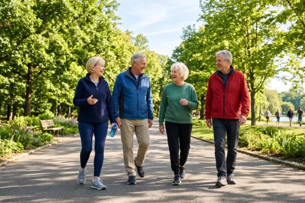 A wide, eye-level photograph of four older adults in motion, walking together under a tunnel-like avenue of mature, leafed trees on a paved park path. The scene is illuminated by soft, natural daylight, casting long, soft shadows, creating a warm, approachable atmosphere. The four figures, clad in varied active wear (fleece, sweatshirt, jacket in blue, green, red), form a tight, conversational cluster across the path. The first figure on the left, in navy, holds a blue water bottle and is mid-gesture, her face in an open discussion. Next, a man in blue is laughing. A woman in green listens, and the last figure, a man in a red jacket, looks towards the group with a smile. Lush green grass and flowering borders flank the path. Other distant figures and a water feature are softly out of focus in the distance.