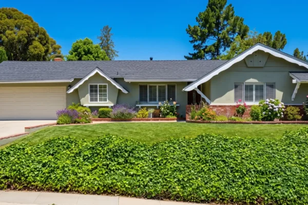 A brightly lit, horizontal landscape photograph under a brilliant, cloudless deep blue sky. Strong, direct sunlight casts distinct, high-contrast shadows. The composition is centered on a meticulously manicured single-story ranch-style house with a grey-shingled roof and sage-green stucco walls over a red brick wainscoting. The perspective is from the sidewalk, which, along with a concrete driveway, leads in from the left. A dense, dense bank of manicured dark green ivy creates a lush, horizontal textured foreground barrier below a patch of green lawn. Mature, tall trees frame the structure against the sky. The house features patterns of white plantation-style shutters, decorative white gable trim, and a cream-colored two-car garage door. Vibrant garden beds with lavender and assorted colorful flowering shrubs (hydrangeas, roses) line the base. Everything is sharp and in deep focus. No legible text is visible on the structure.
