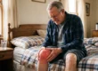 Eye-level medium shot illuminated by soft, warm natural daylight streaming from a window on the left, casting gentle shadows across the bedroom. The composition centers on an older man sitting on the edge of a bed, guiding the viewer's eye from his tense, wincing facial expression down to his hands, which are tightly clasping a brightly reddened and swollen knee in the lower foreground. To the left, a wooden nightstand holds a glass of water and two small medicine bottles featuring unreadable text on their labels. The background features a subtly out-of-focus wooden headboard, plaid bedding, and a dresser, creating a natural, documentary-style depth of field.
