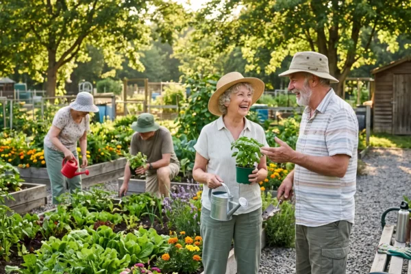 A warm, golden light filters through a canopy of trees, bathing a vibrant community allotment in a soft, inviting glow. The composition focuses on a laughing older couple standing on a gravel path, framed by lush raised garden beds overflowing with leafy vegetables and flowers. The woman, in a straw hat, holds a small potted basil and a silver watering can, while the man, in a canvas hat, holds a hand trowel. Further back, two other seniors are detailed, tending to different parts of the garden. Rustic elements like a wooden shed and diverse plant types are evident. Tiny, unreadable text is visible on some plant markers. On a wooden bench to the right, a pair of gloves and a water bottle rest.