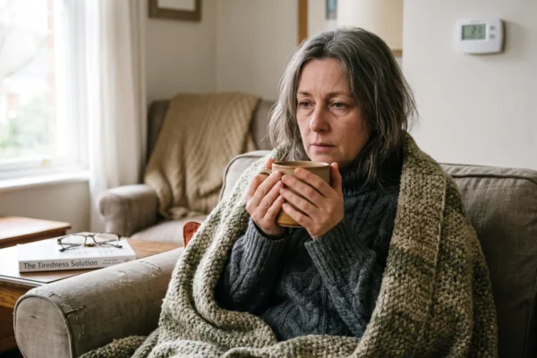 Soft, natural daylight entering from the left establishes a calm, muted atmosphere in this center-framed composition. The subject is wrapped in a heavy textured knit blanket, shot with a shallow depth of field that softly blurs a wall-mounted thermostat in the background. In the sharp foreground to the left, a book rests on a wooden table, clearly displaying the legible text "The Tiredness Solution" on its cover.
