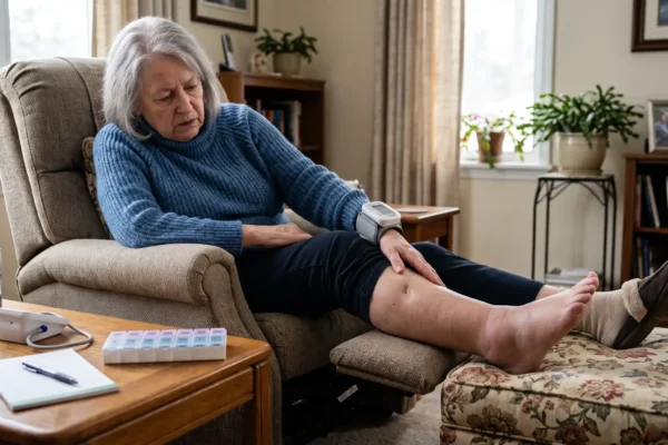 An eye-level medium shot photograph in a sunlit living room. A focused elderly woman with gray hair and a blue knit sweater is seated in an armchair, with a digital blood pressure monitor on her arm. Her noticeably swollen and reddish right leg is propped on a patterned ottoman, and she is looking down intently at her ankle, with her hand resting on her shin. A wooden side table in the foreground holds a glass of water, another blood pressure monitor, a weekly pill organizer, and a notepad with a pen. The background features bookshelves, potted plants, and a window with natural light filtering in. No text is legible on any object.