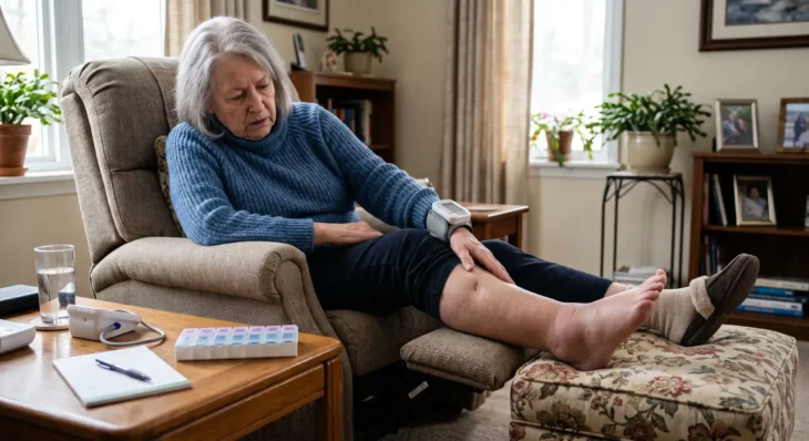 An eye-level medium shot photograph in a sunlit living room. A focused elderly woman with gray hair and a blue knit sweater is seated in an armchair, with a digital blood pressure monitor on her arm. Her noticeably swollen and reddish right leg is propped on a patterned ottoman, and she is looking down intently at her ankle, with her hand resting on her shin. A wooden side table in the foreground holds a glass of water, another blood pressure monitor, a weekly pill organizer, and a notepad with a pen. The background features bookshelves, potted plants, and a window with natural light filtering in. No text is legible on any object.