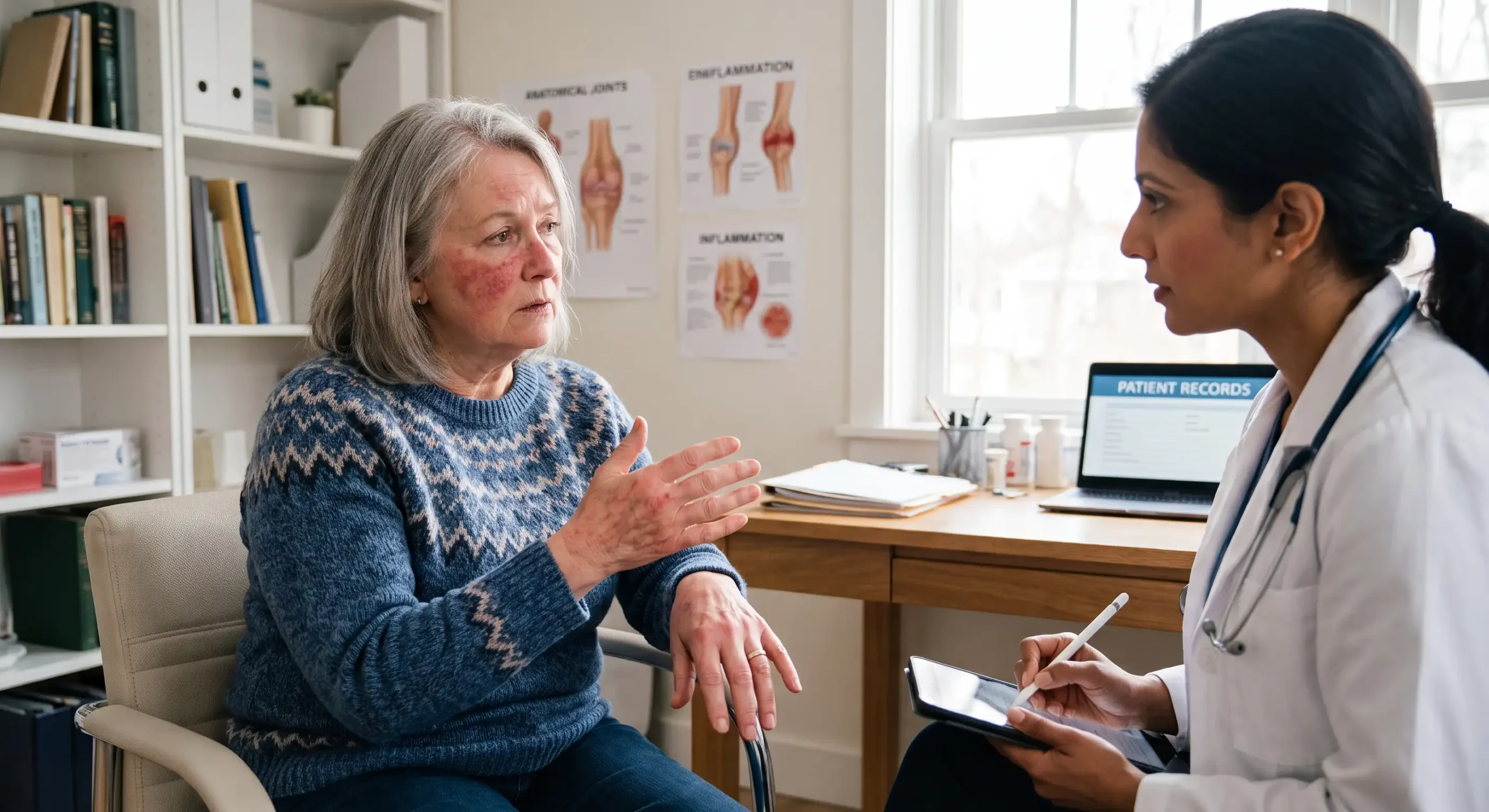 A well-lit, natural daylight photograph in a medical office, focusing on an elderly woman with grey hair and distinct red butterfly and hand rashes (lupus symptoms). She is seated on the left, gesturing towards a doctor of South Asian descent in a white lab coat. The doctor is holding a tablet and stylus, listening attentively. In the background, medical posters titled "ANATOMICAL JOINTS" and "INFLAMMATION" are on the wall, and a laptop on a desk displays "PATIENT RECORDS." The entire scene is bathed in soft, natural window light, creating a focused and warm composition.