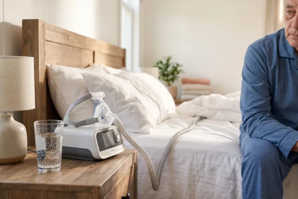 Soft, warm morning sunlight enters from the left, casting gentle highlights across a bright bedroom scene. The asymmetrical composition focuses on the sharp left foreground: a rustic wooden nightstand holding a light ceramic lamp, a glass of water, and a modern white and grey CPAP machine with small brand text on its lower front panel. A ribbed hose leads from the machine toward the center. In the right midground, partially framed, an older adult male in blue patterned pajamas sits on the edge of a white, rumpled bed. He stares off-camera with a weary, exhausted expression. The shallow depth of field softly blurs the background, enhancing the quiet, bright, yet somber morning atmosphere.