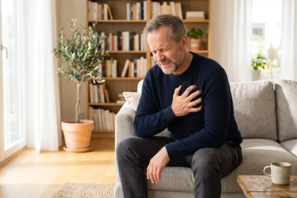 A medium shot with a centered composition featuring a middle-aged man sitting on the edge of a light grey sofa, leaning forward with his face twisted in a pained grimace and his hand tightly gripping his chest. The scene is illuminated by soft, bright natural daylight streaming through a window on the left, casting gentle highlights on the man and creating a warm, airy, and inviting atmosphere that contrasts with his physical distress. The photograph utilizes a shallow depth of field, rendering the background elements—a wooden bookshelf, sheer white curtains, and a potted olive tree—in a soft, aesthetic blur to keep the viewer's focus entirely on the man's expression and posture. The lighting produces vibrant, true-to-life colors in an editorial, photorealistic style. There is no text visible on any objects within the frame.