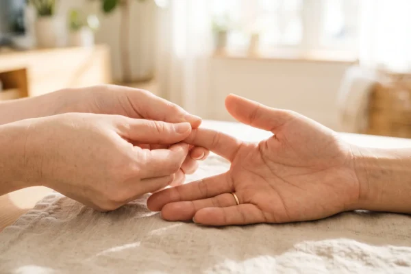 Close-up composition of one hand gently holding and massaging the extended index finger of another hand, which rests palm up on a textured beige linen cloth. The scene is bathed in soft, warm natural sunlight streaming from the background, creating a bright, airy, and inviting atmosphere. Shot with a shallow depth of field, the highly detailed skin texture and hands remain in sharp focus while the bright, modern interior gently blurs into the background. There is no text, branding, or logos visible in the composition.