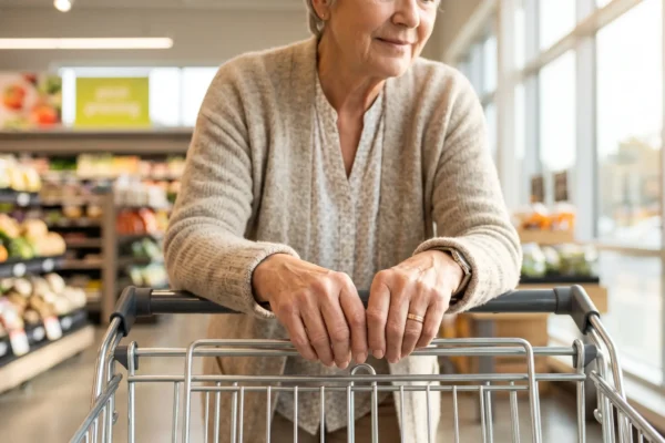 Close-up composition focusing on an older adult's hands resting on a metal shopping cart handle, utilizing a shallow depth of field to keep the foreground crisp while beautifully blurring the background. The scene is bathed in warm, soft natural daylight streaming through large windows on the right, creating an airy, uplifting atmosphere. To the left, softly blurred grocery shelves display vibrant produce alongside out-of-focus orange and green signs with indistinct text. The lighting and composition highlight a moment of comfortable rest, capturing the leaning posture often adopted for relief when a leg goes numb when walking.