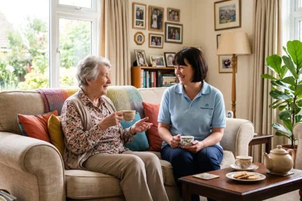 Soft, warm natural daylight streams from a window on the left, illuminating a medium-wide composition with a shallow depth of field. In focus are two women conversing on a beige sofa, while the background—featuring framed wall photos and a potted plant—recedes into a gentle, airy bokeh. The caregiver on the right wears a light blue polo shirt with the small embroidered text "Hopewell Care" on the left chest.