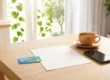 An elevated photograph captures a light-wood table surface, softly illuminated by natural light from a window, which is softly blurred in the background with green plants. Centered is a large, clean, white rectangular paper. To its left, a smaller, deep-blue card is positioned with abstract white and green medical-style icons. A dark, reflective rectangular device sits vertically to right, and behind it, a light-brown ceramic cup on a matching saucer from which gentle steam rises. The entire scene has a warm, inviting feel.
