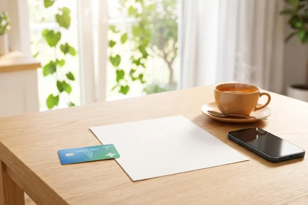 An elevated photograph captures a light-wood table surface, softly illuminated by natural light from a window, which is softly blurred in the background with green plants. Centered is a large, clean, white rectangular paper. To its left, a smaller, deep-blue card is positioned with abstract white and green medical-style icons. A dark, reflective rectangular device sits vertically to right, and behind it, a light-brown ceramic cup on a matching saucer from which gentle steam rises. The entire scene has a warm, inviting feel.