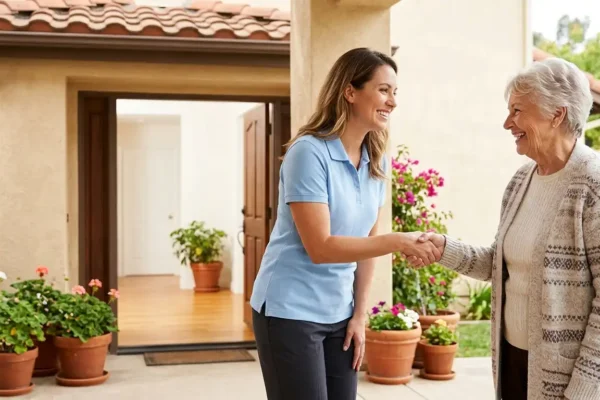 A photorealistic, eye-level mid-shot bathed in warm, soft natural sunlight. A woman in a light blue polo on the left shakes hands with a smiling senior woman in a textured cardigan on the right. The composition utilizes a shallow depth of field to softly blur the bright, airy background, which features an open wooden front door and vibrant potted plants, creating a welcoming, high-contrast editorial aesthetic.