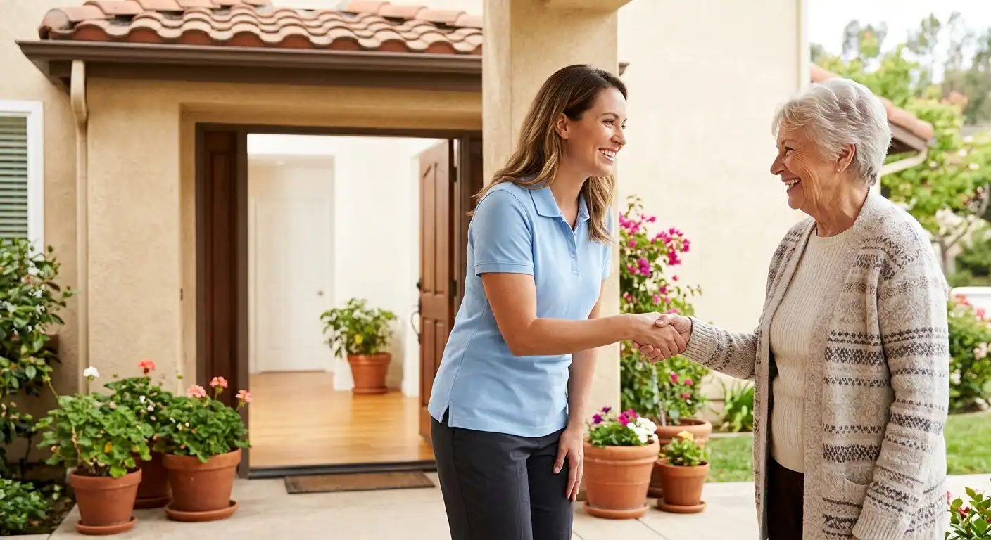 A photorealistic, eye-level mid-shot bathed in warm, soft natural sunlight. A woman in a light blue polo on the left shakes hands with a smiling senior woman in a textured cardigan on the right. The composition utilizes a shallow depth of field to softly blur the bright, airy background, which features an open wooden front door and vibrant potted plants, creating a welcoming, high-contrast editorial aesthetic.